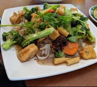 Pan-Fried Big Flat Noodles Veg and Tofu.