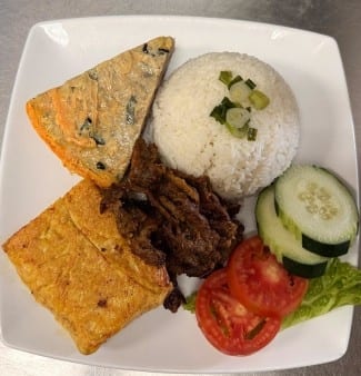 Egg Quiche Grilled Pork & Shrimp in Tofu Skin with Rice.