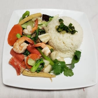 Pan Fried Seafood, Veggie with Rice.