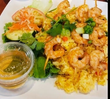 Grilled Shrimp Skewer with Fried Rice.