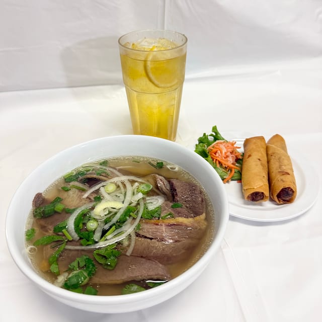 2 Egg rolls, Pho Brisket or chicken (R).